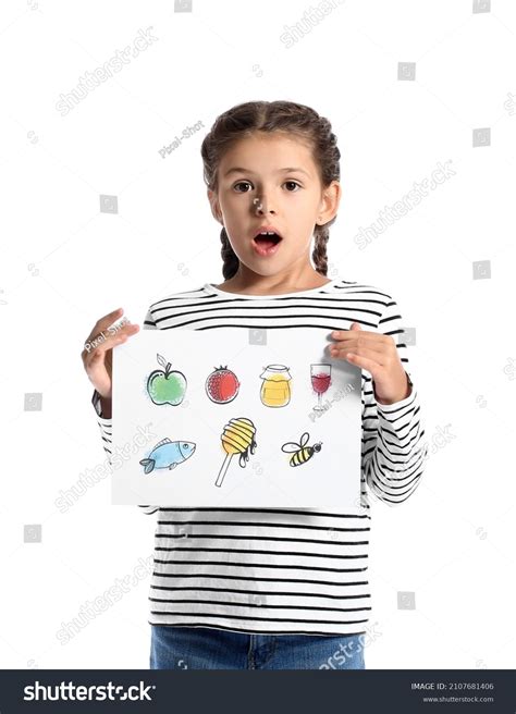 Surprised Little Girl Holding Paper Drawings Stock Photo 2107681406