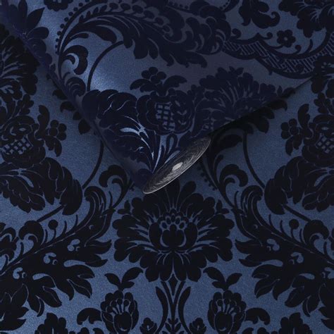 Gothic Damask Flock Cobalt Wallpaper Grahambrownuk Black And Silver