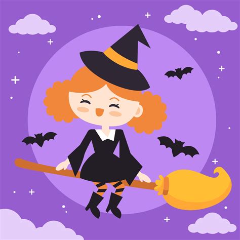 Cute Halloween Witch Riding A Broom Flying In The Sky With Full Moon