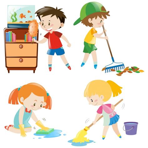 Kids cleaning rooms and helping their mums vector. Free Vector | Kids cleaning collection