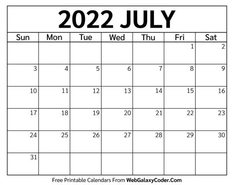 July 2022 Calendar Printable Format Print Now