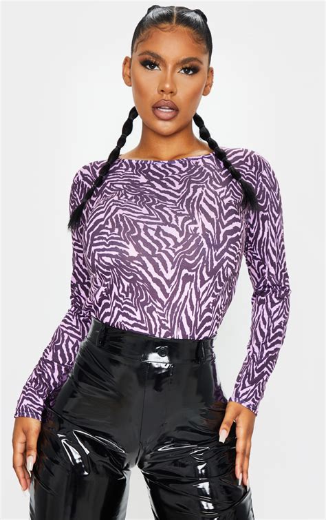 Purple Zebra Print Crew Neck Long Sleeve T Shirt Prettylittlething Usa