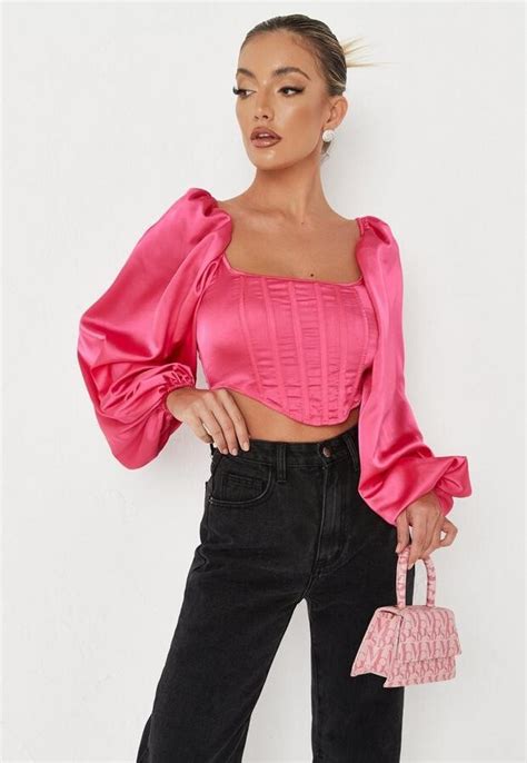 Missguided Hot Pink Satin Balloon Sleeve Corset Top Shopstyle