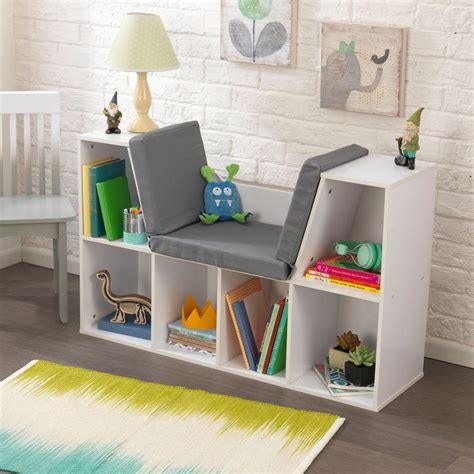 Kids White Bookcase Bookshelf W Cushion Seat Nook Bedroom Furniture