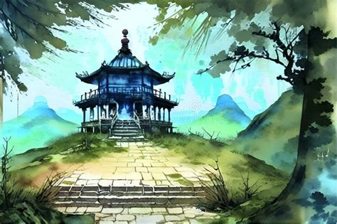 Landscape Of Chinese Temple On The Mountain Digital Painting Stock