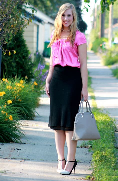 Pink Bow Blouse Midi Skirt Rachels Lookbook Pink Midi Skirt Modest Outfits Bow Blouse