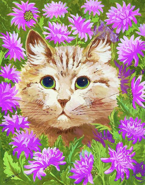 Cat And Flowers Digital Remastered Edition Painting By Louis Wain