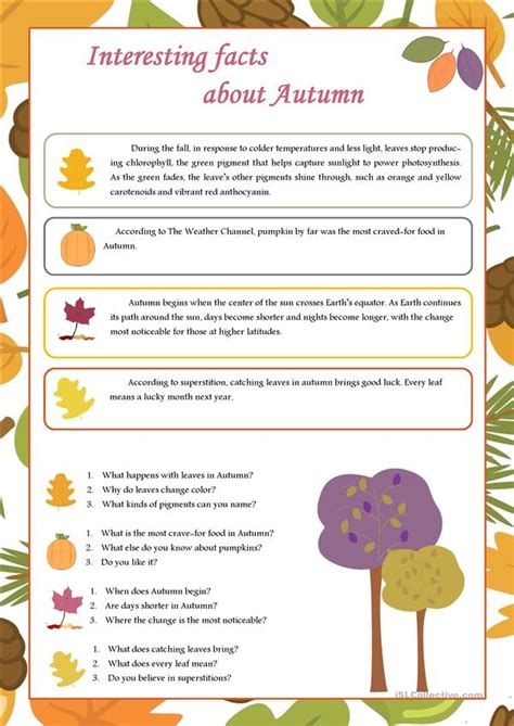 Interesting Facts About Autumn Worksheet Free Esl