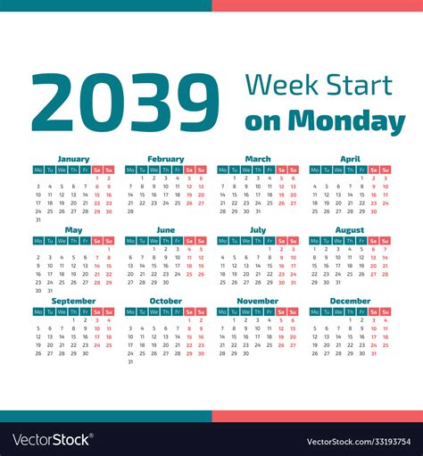 2039 Calendar With Weeks Start On Monday Vector Image