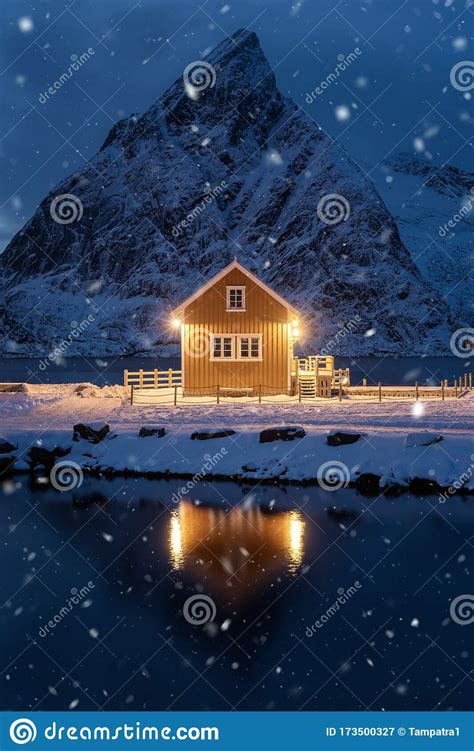 Home Cabin Or House At Night Norwegian Fishing Village