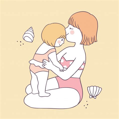 Dibujos Animados Lindo Verano Mamá E Hija Vector Premium