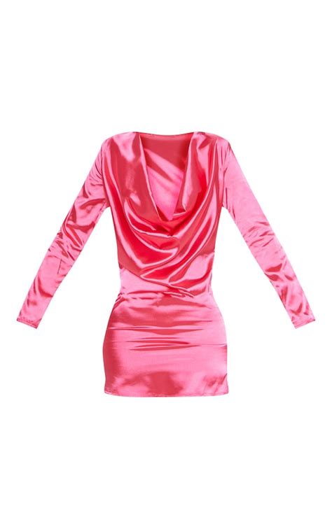 Hot Pink Satin Cowl Bodycon Dress Dresses Prettylittlething