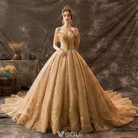 Luxury Gorgeous Gold Wedding Dresses 2019 Ball Gown Off The Shoulder
