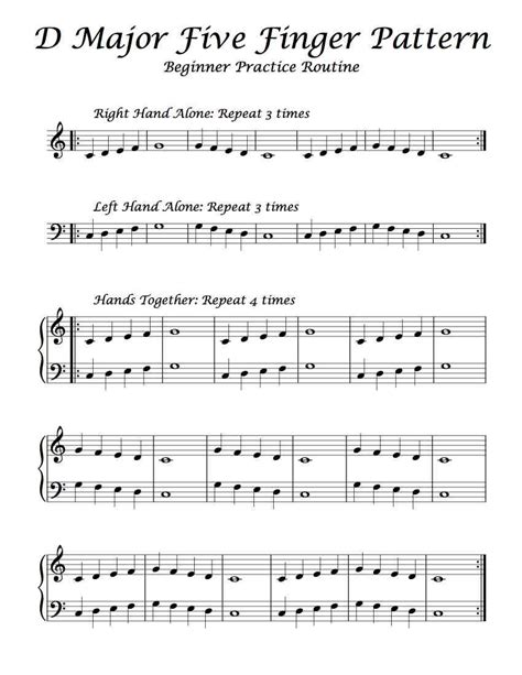 Click here for detailed information about year 1 comprehensive online beginner piano lessons. Free Sheet Music - Here is a Beginning Practice Routine of D Major's Five Finger Pattern for ...