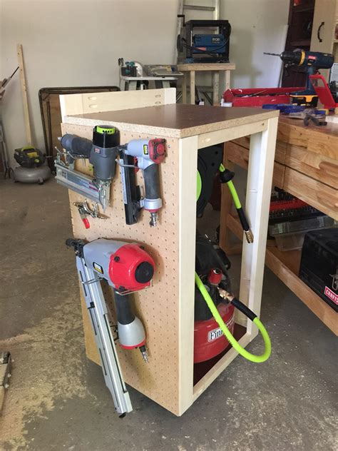 A long, wide tool chest is good for putting beneath a table or on a shelf, while tool cabinet storage is good for setting out of the way in a corner. Compressor Cart on casters with retractable air hose ...