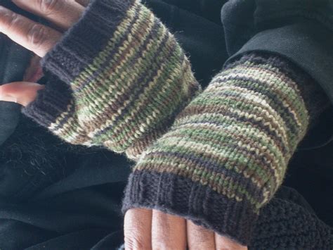 Hand Crafted Hand Knit Fingerless Gloves For Men In Green And Black Camouflage By Y A R N C O