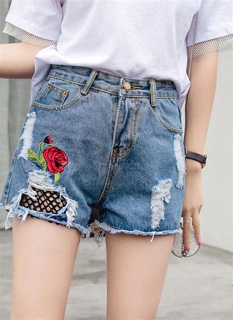 Fashion Floral Rose Embroidery Grids Holes High Waist Womens Jean