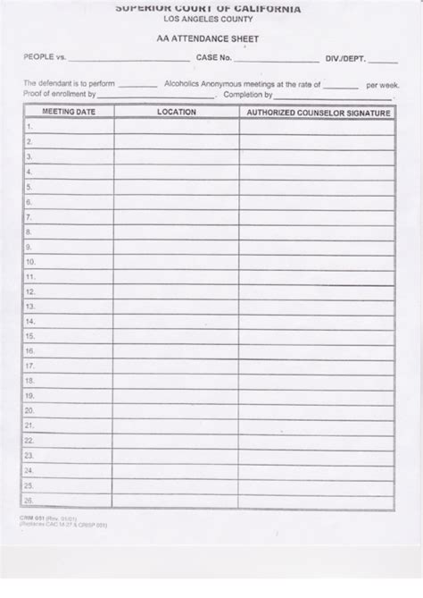 Printable Aa Attendance Sheet Printable Templates