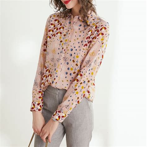 Women Silk Blouse 100 Natural Silk Floral Print Fashion Long Sleeve