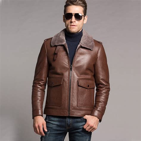 Mens Shearling Jacket Leather Coat Flight Jacket Genuine Leather Brown