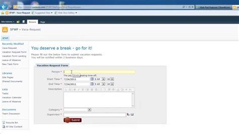 Sharepoint Form Web Part Walk Though Vacation Request Example Youtube