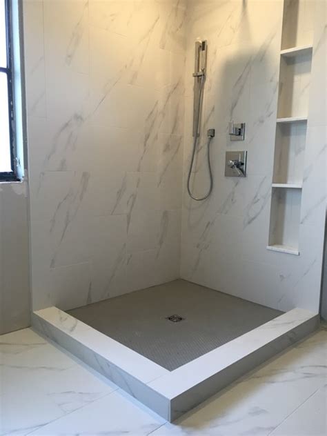 Master Bathroom Porcelain White Marble Tile Gray Hexagon Shower