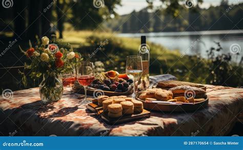 Riverside Bliss: a Family Picnic Amidst Nature S Embrace Stock Photo