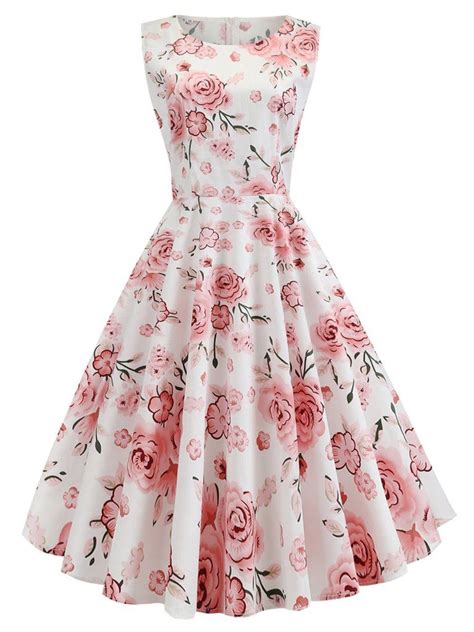 1950s Floral Sleeveless Swing Dress Retro Stage Chic Vintage