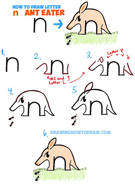 Capital letters alphabet cartoon illustration. How to Draw Cartoon Ant Eater from Lowercase Letter n ...