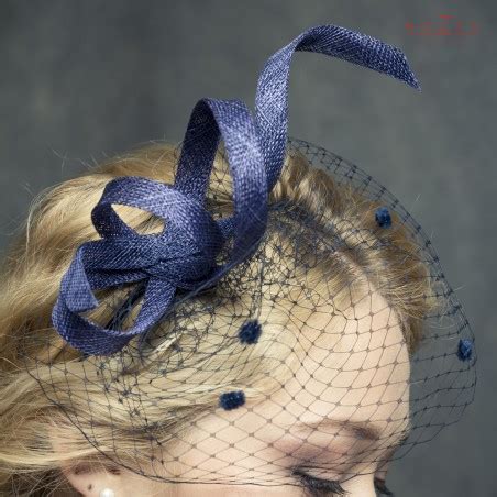Twisted Navy Blue Fascinator With Veil In Dots