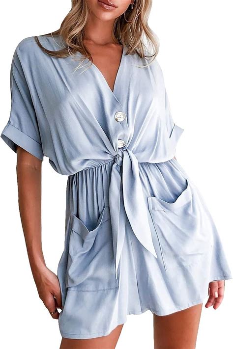 Astauand Playsuits For Women Elegant V Neck Short Sleeve Tie Waist Summer Jumpsuits Boho Casual