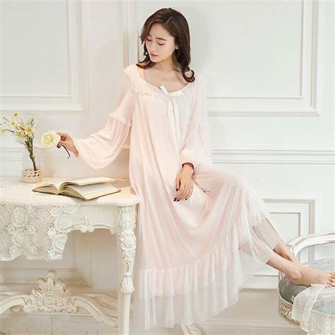 Women Nightgown Modal Female Lace Sexy Sleepwear Retro Long Sleeved Nightgown Casual Daily Sweet