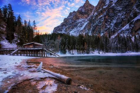 Winter Sunrise Over Lago Di Braies Dolomites Italy By Zhuzhu Vectors