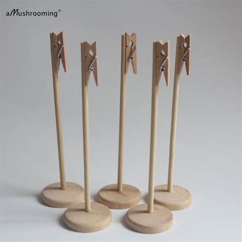 5 Wedding Party Natural Wood Clothespin Table Number Holders Card Stand