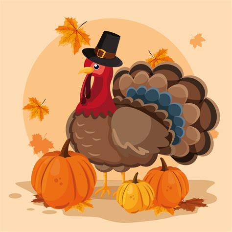 Turkey With Pumpkins And Hat Pilgrim Of Thanksgiving Day 668064 Vector
