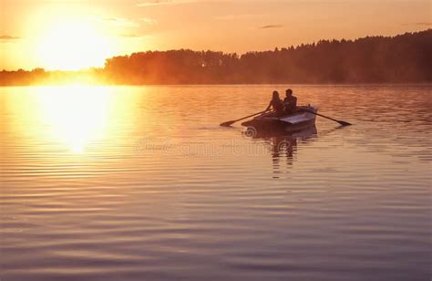 Romantic Golden Sunset River Lake Fog Loving Couple Small Rowing Boat