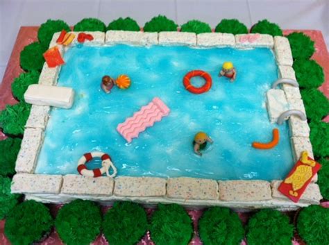 Swimming Pool Cake 1 2 Sheet Cake Covered In Buttercream Water Is Piping Gel Figures And Pool