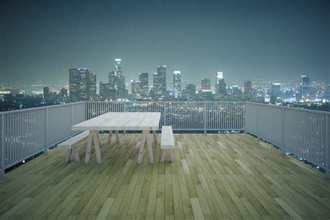 Wooden Balcony Night City View Stock Image Image Of Contemporary