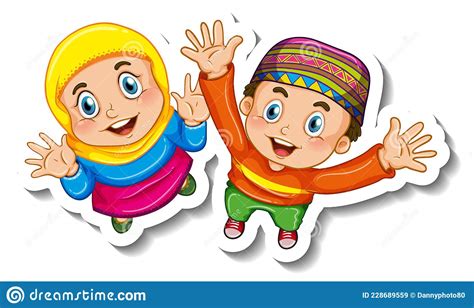 Sticker Template With Couple Of Muslim Kids Cartoon Character Isolated