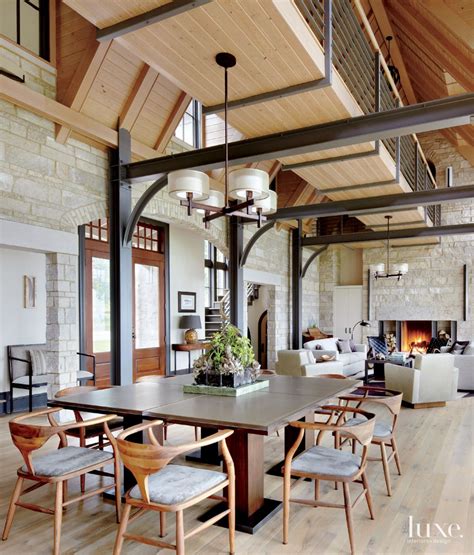 Transitional Neutral Dining Room With Exposed Steel Beams Luxe