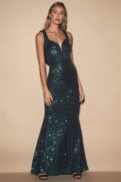 Forever Glam Emerald Green Sequin Mermaid Maxi Dress Green Sequin