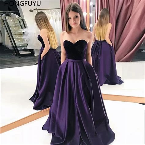 Hongfuyu Satin Dark Purple Prom Dresses With Pockets Sweetheart Sexy