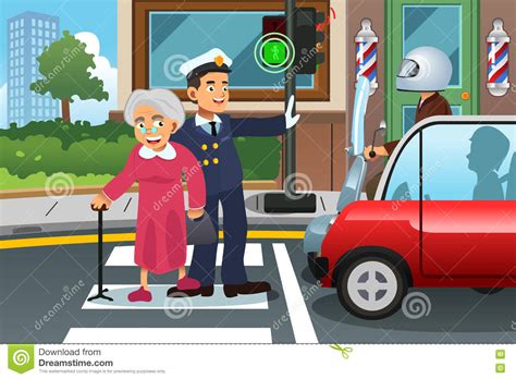Policeman Helping Grandma Crossing The Street Stock Vector