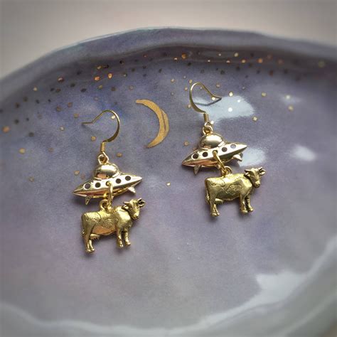Gold Ufo Cow Abduction Earrings Alien Spaceship Earrings Sold Per