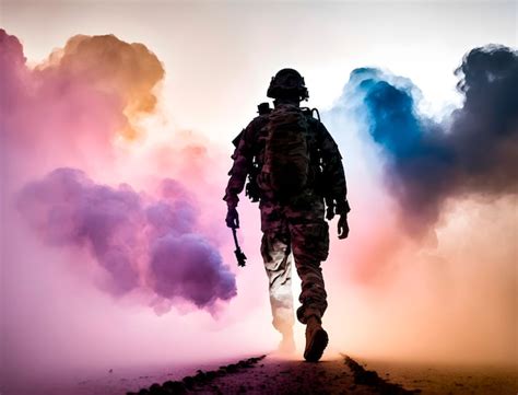 premium ai image the soldier walks away surrounded by clouds of colored smoke