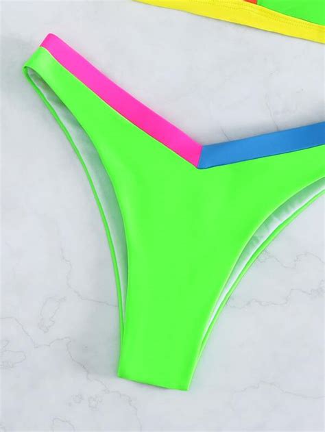 SHEIN Swim SPRTY Neon Lime Bikini Set Contrast Binding Triangle Bra Top