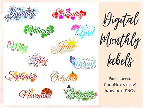 Monthly Names Digital Stickers Month Names Digital Stickers Decorative