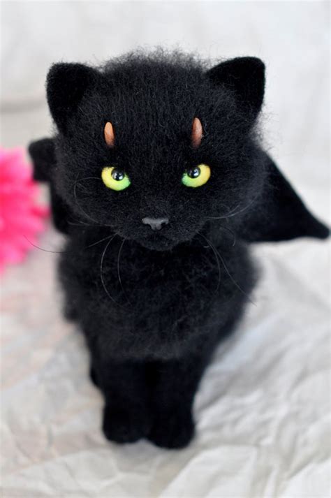 Black Kitty Demon Cat Cute Fantasy Needle Felted Art Toy Diablo Kitten