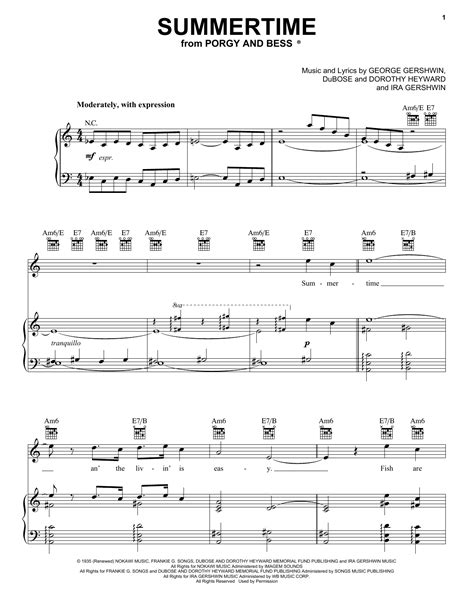 Summertime Sheet Music By George Gershwin Piano Vocal And Guitar Right