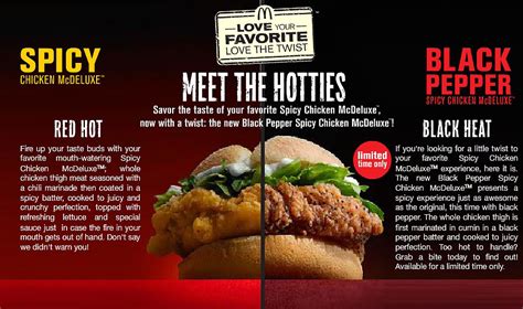 The spicy variant is also available as the double mcspicy, which consists of two spicy chicken a variant similar to the mcspicy called the spicy chicken mcdeluxe but with a cornmeal bun.13. Black Pepper Spicy Chicken McDeluxe @ McDonald's ...